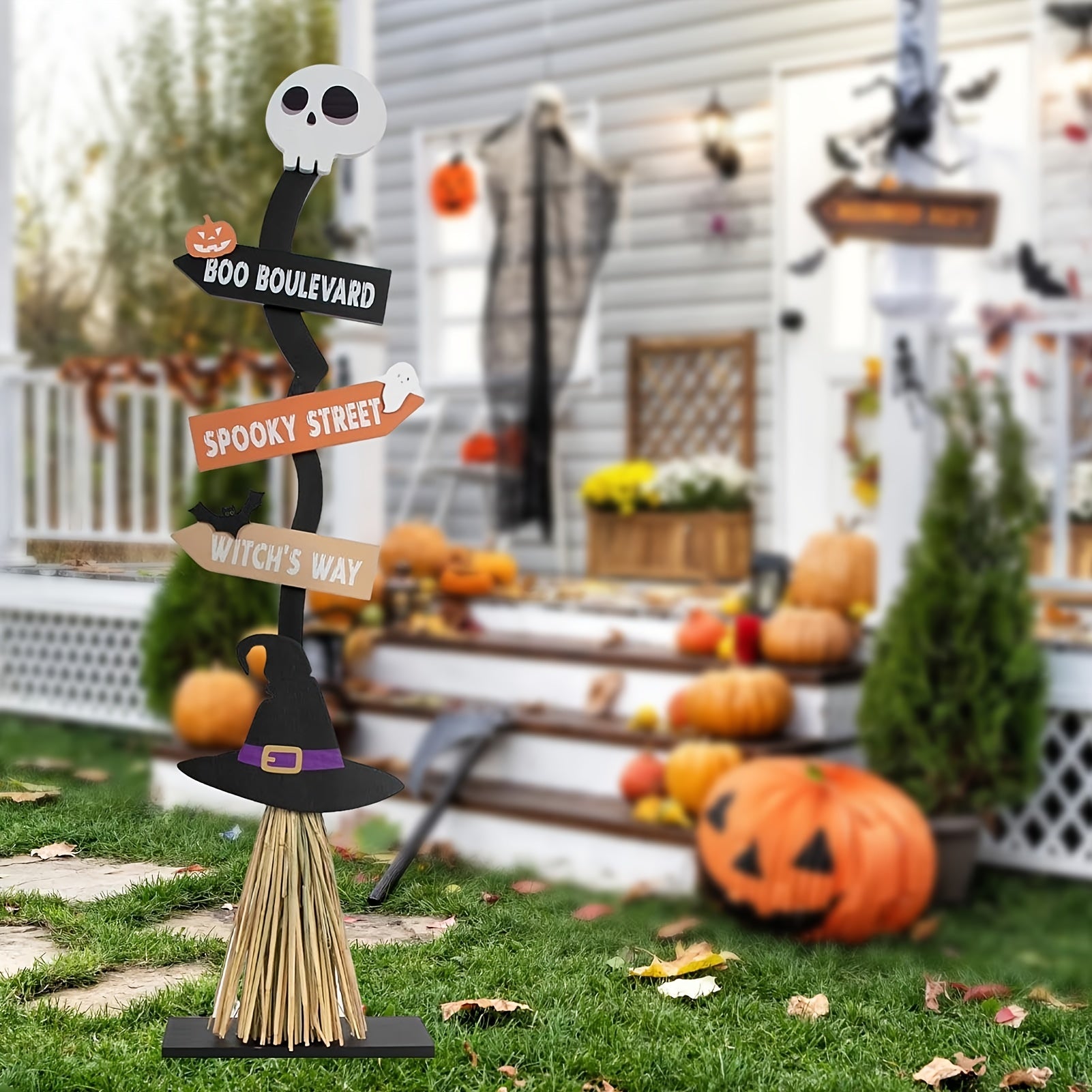 Witch Broom Decor with Halloween Sign