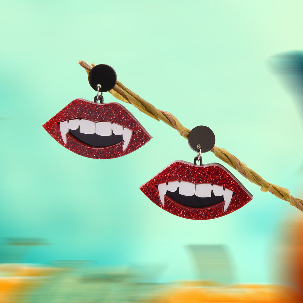 Halloween Accessories Dracula Punk Red Acrylic Vampire Lip Teeth Dangle Earrings