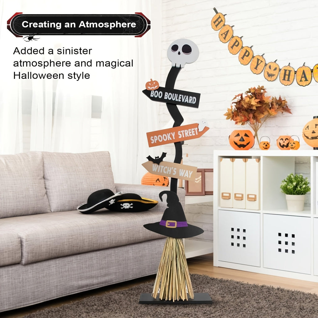 Witch Broom Decor with Halloween Sign