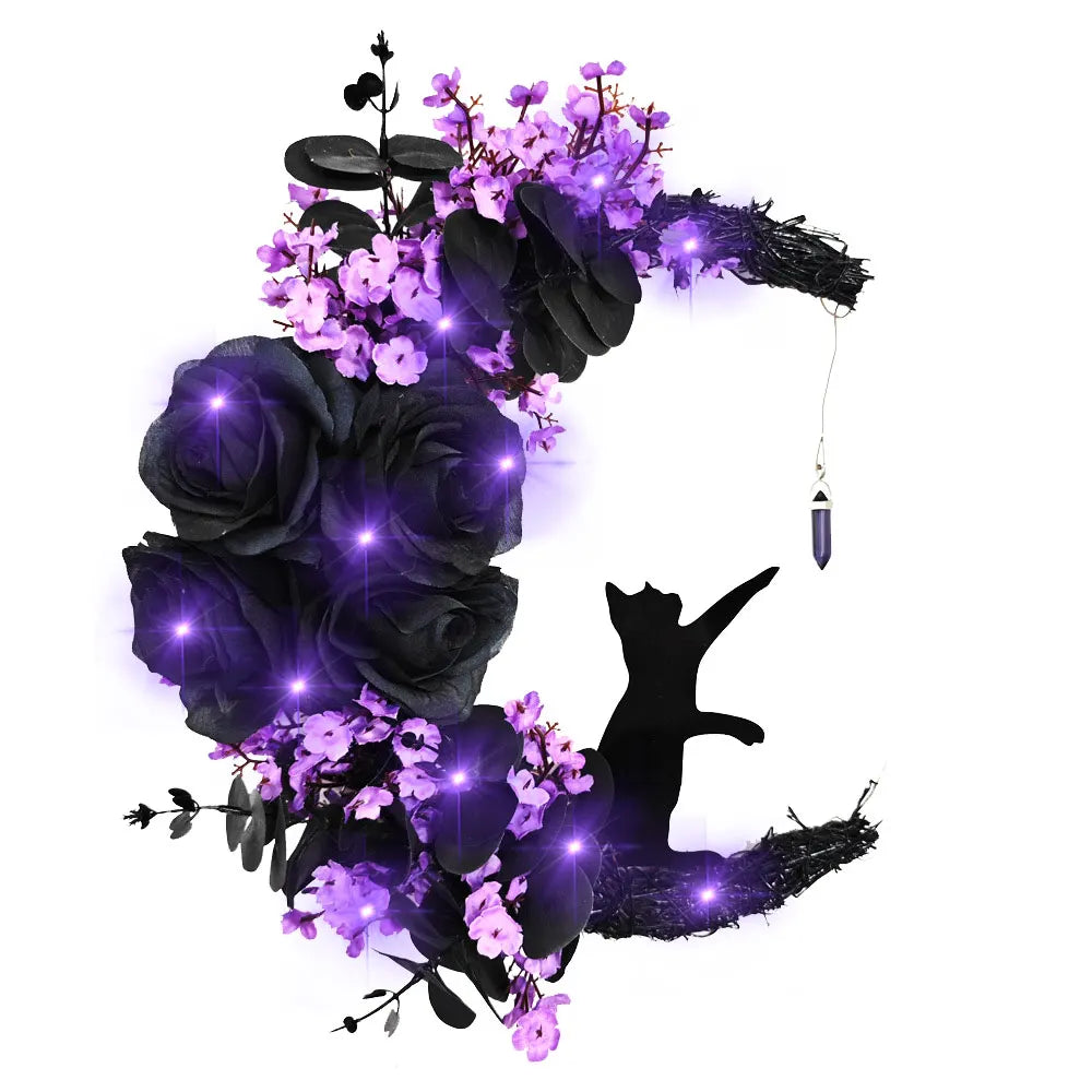 Moon Cat Halloween Wreath with Lights