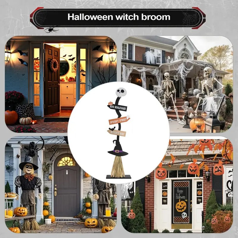 Witch Broom Decor with Halloween Sign
